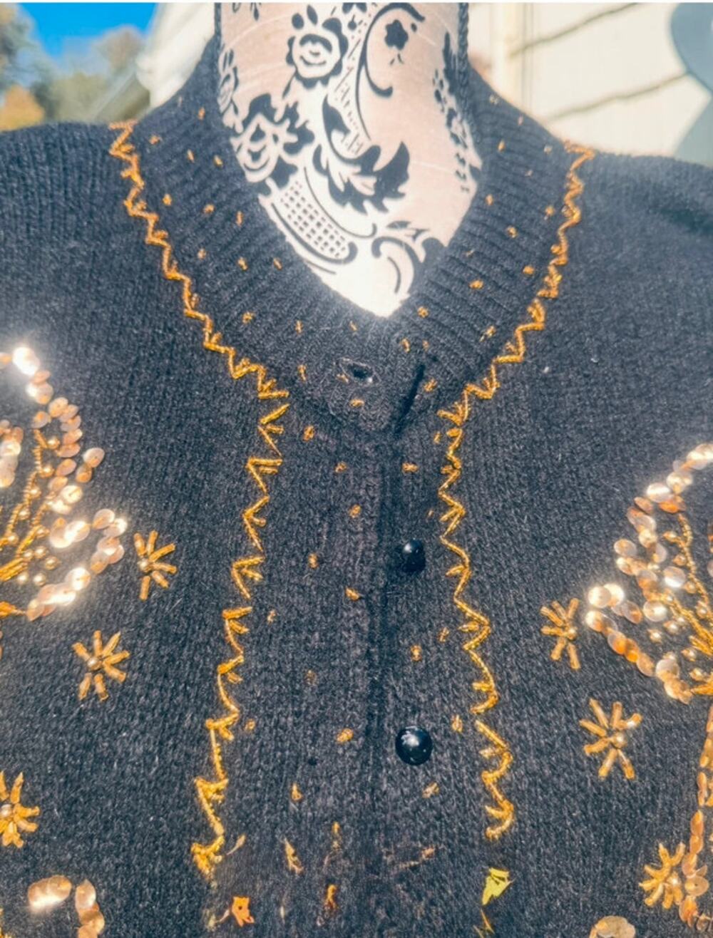 Vintage black gold embroidered button down sweater
